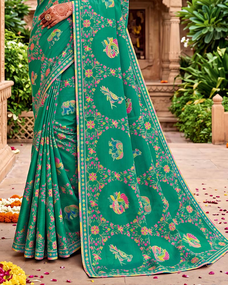 Vishal Prints Teal Green Traditional Print Fancy Chiffon Saree With Foil Print And Embroidery Border