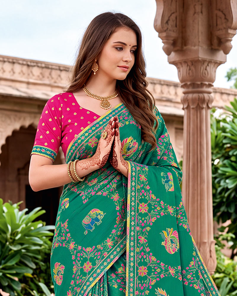 Vishal Prints Teal Green Traditional Print Fancy Chiffon Saree With Foil Print And Embroidery Border