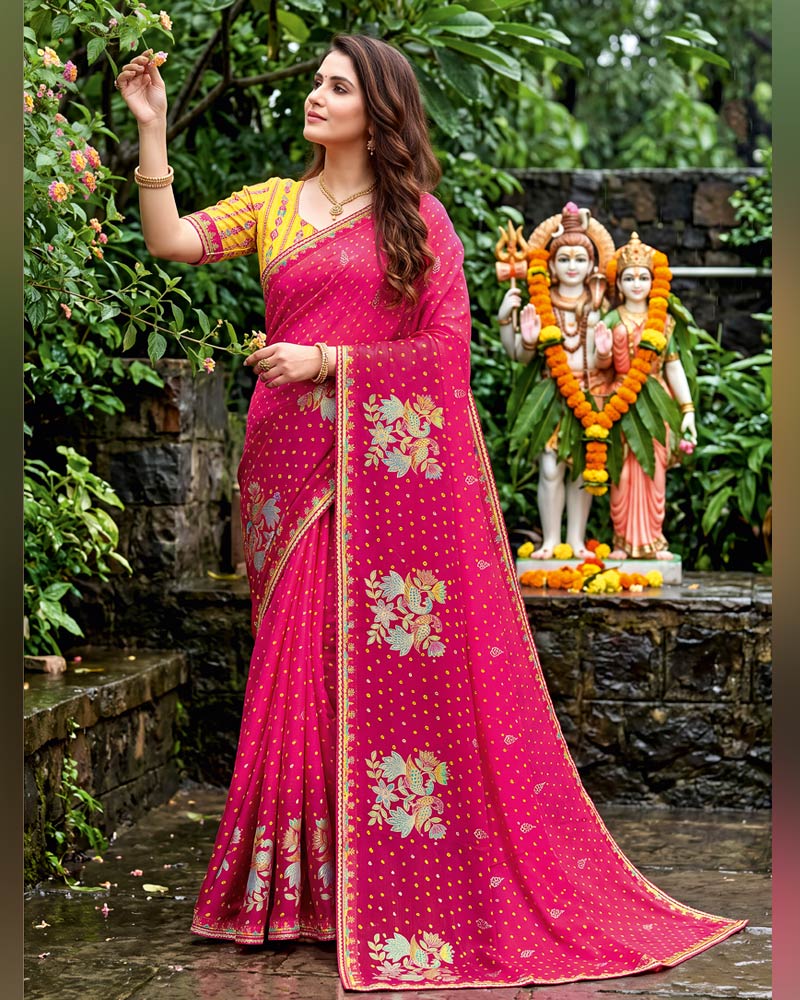 Vishal Prints Fuchsia Rani Traditional Print Fancy Chiffon Saree With Foil Print And Embroidery Border