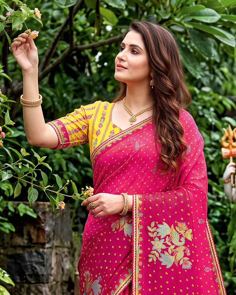 Vishal Prints Fuchsia Rani Traditional Print Fancy Chiffon Saree With Foil Print And Embroidery Border