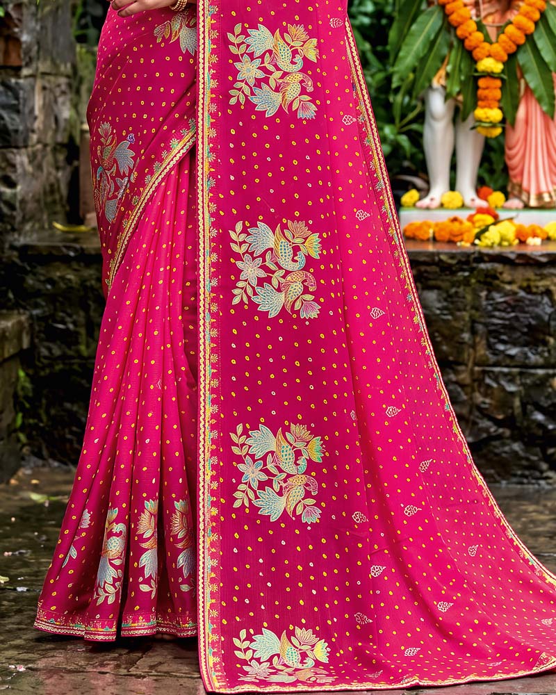 Vishal Prints Fuchsia Rani Traditional Print Fancy Chiffon Saree With Foil Print And Embroidery Border