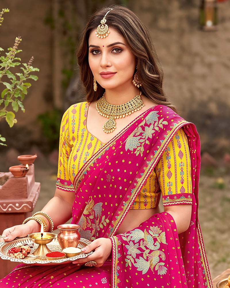 Vishal Prints Fuchsia Rani Traditional Print Fancy Chiffon Saree With Foil Print And Embroidery Border