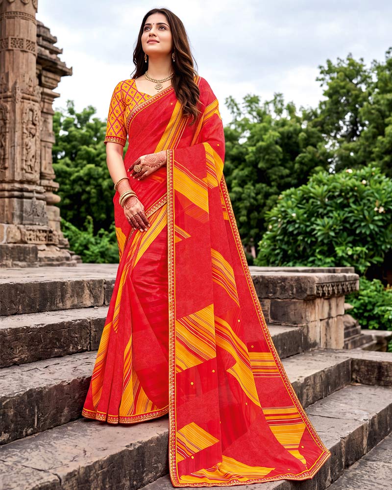 Vishal Prints Bright Red Traditional Print Fancy Chiffon Saree With Foil Print And Embroidery Border