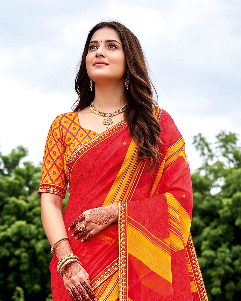 Vishal Prints Bright Red Traditional Print Fancy Chiffon Saree With Foil Print And Embroidery Border