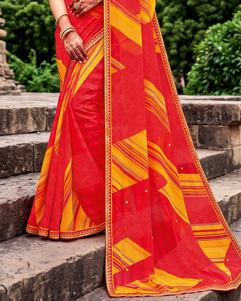 Vishal Prints Bright Red Traditional Print Fancy Chiffon Saree With Foil Print And Embroidery Border