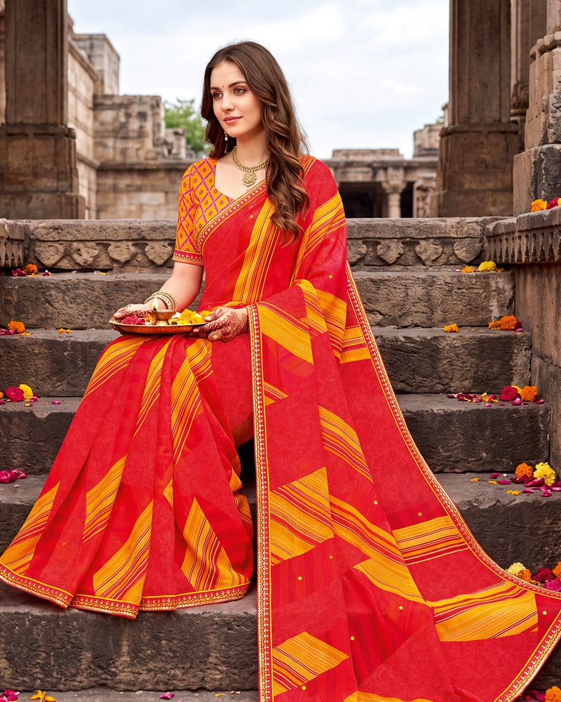 Vishal Prints Bright Red Traditional Print Fancy Chiffon Saree With Foil Print And Embroidery Border