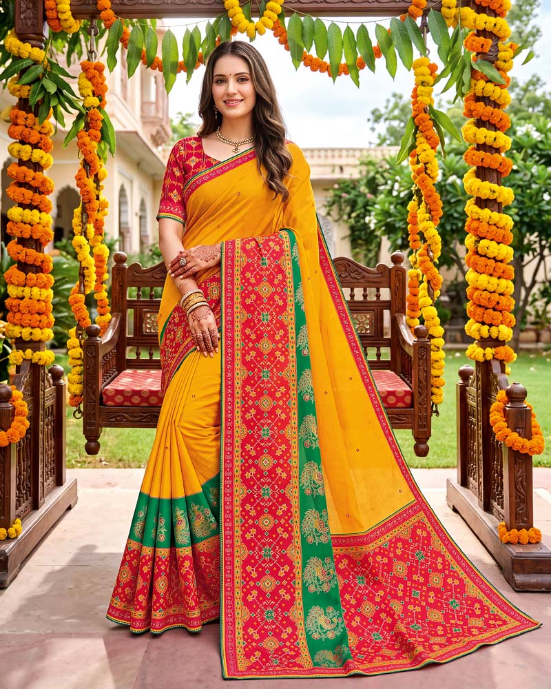 Vishal Prints Mustard Traditional Print Fancy Chiffon Saree With Foil Print And Embroidery Border
