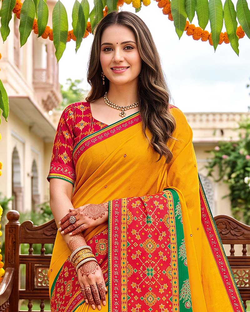 Vishal Prints Mustard Traditional Print Fancy Chiffon Saree With Foil Print And Embroidery Border
