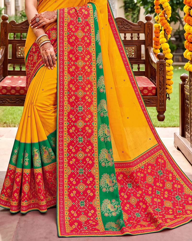 Vishal Prints Mustard Traditional Print Fancy Chiffon Saree With Foil Print And Embroidery Border