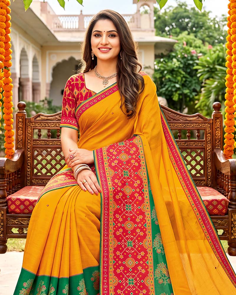 Vishal Prints Mustard Traditional Print Fancy Chiffon Saree With Foil Print And Embroidery Border