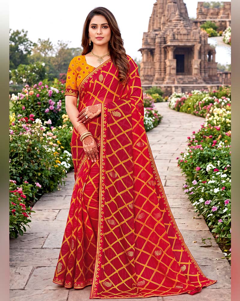 Vishal Prints Deep Red Traditional Print Fancy Chiffon Saree With Foil Print And Embroidery Border