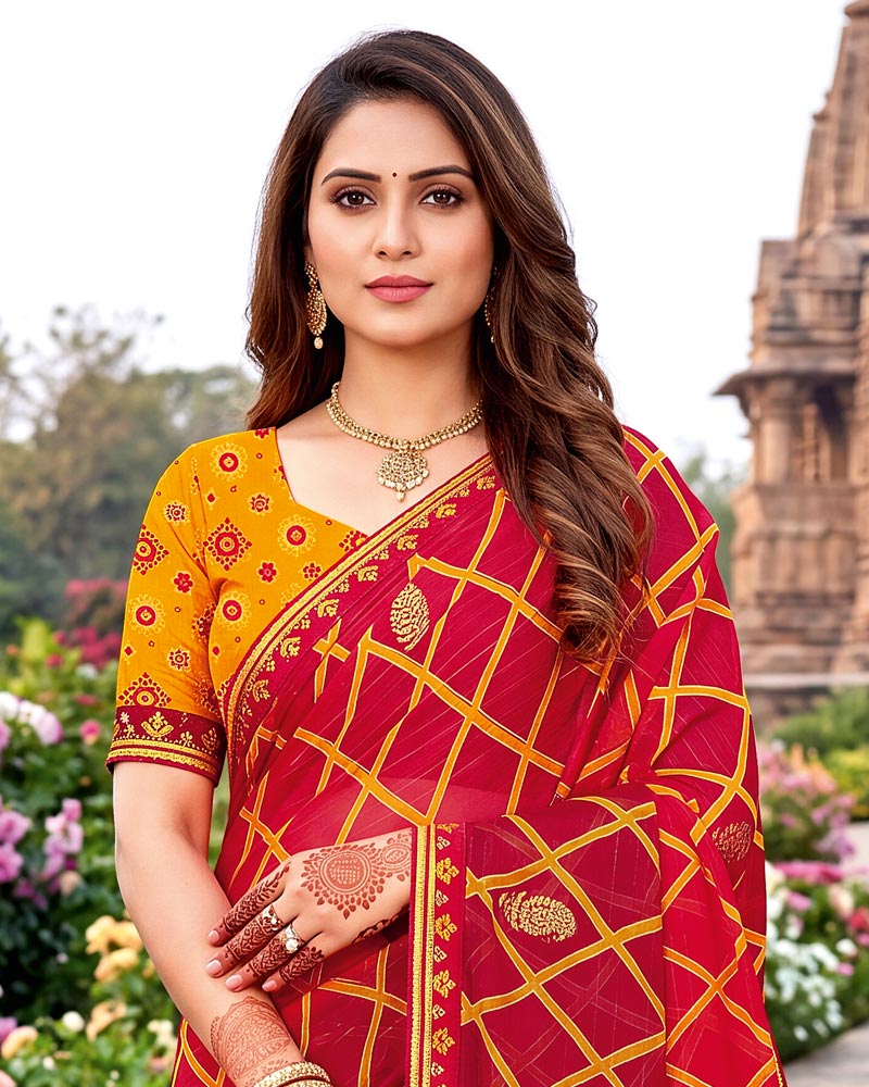Vishal Prints Deep Red Traditional Print Fancy Chiffon Saree With Foil Print And Embroidery Border