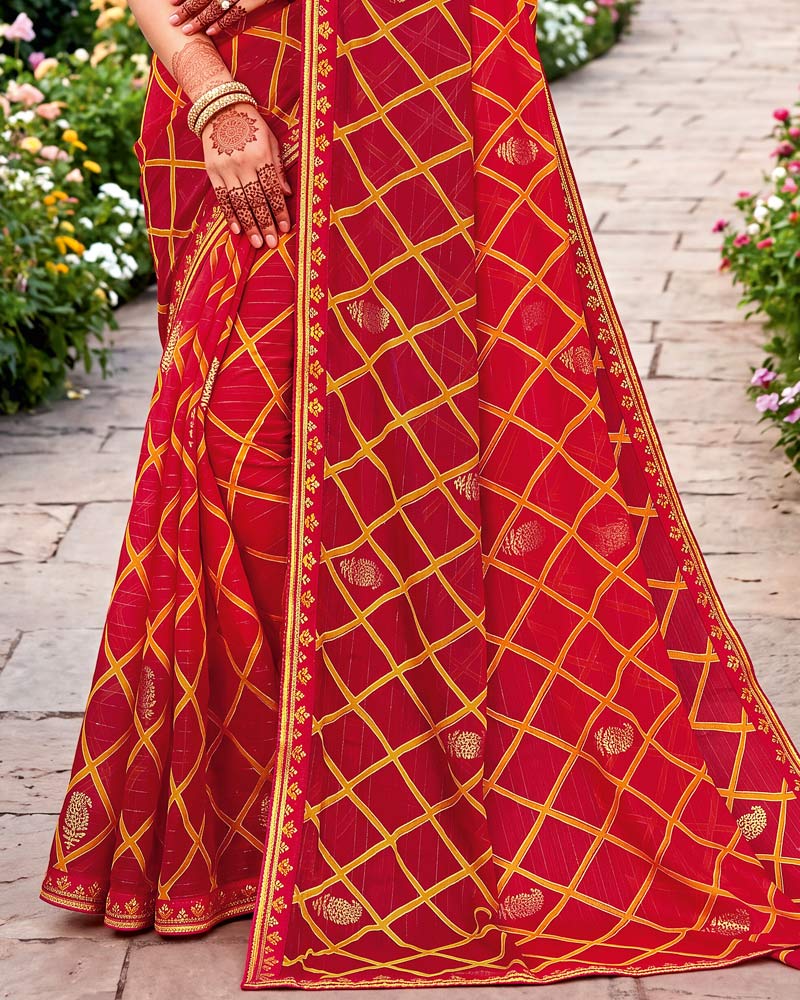 Vishal Prints Deep Red Traditional Print Fancy Chiffon Saree With Foil Print And Embroidery Border