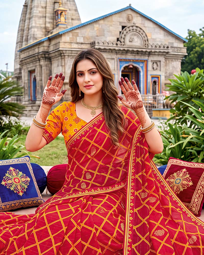 Vishal Prints Deep Red Traditional Print Fancy Chiffon Saree With Foil Print And Embroidery Border