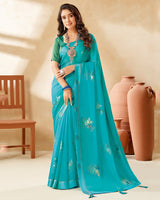 Vishal Prints Dark Turquoise Blue Designer Chiffon Saree With Foil Print And Diamond Work