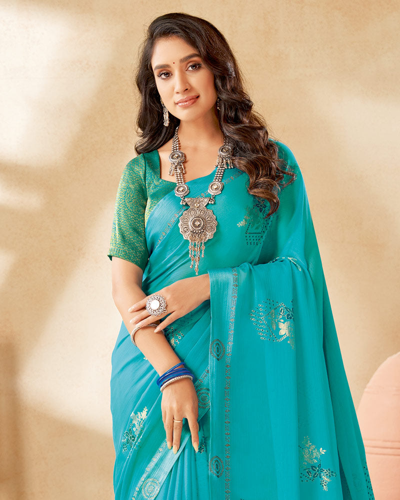 Vishal Prints Dark Turquoise Blue Designer Chiffon Saree With Foil Print And Diamond Work