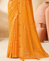 Vishal Prints Saffron Color Designer Chiffon Saree With Foil Print And Diamond Work