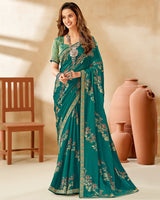 Vishal Prints Rama Green Designer Chiffon Saree With Foil Print And Diamond Work