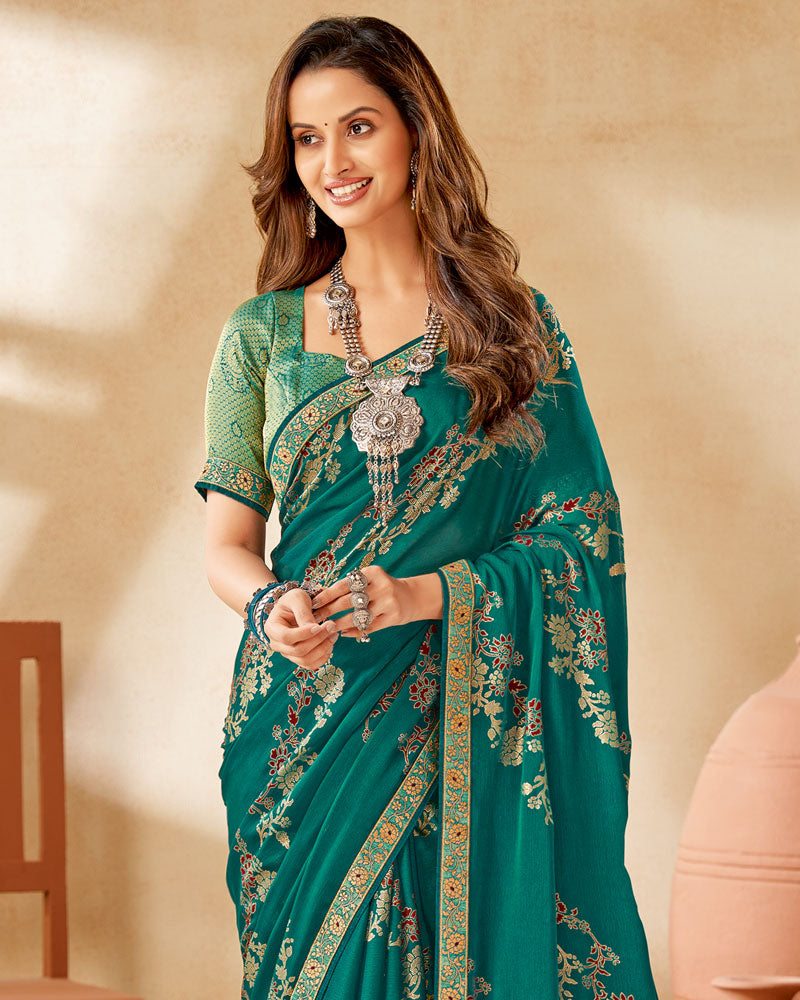Vishal Prints Rama Green Designer Chiffon Saree With Foil Print And Diamond Work