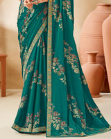 Vishal Prints Rama Green Designer Chiffon Saree With Foil Print And Diamond Work