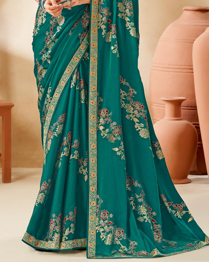 Vishal Prints Rama Green Designer Chiffon Saree With Foil Print And Diamond Work