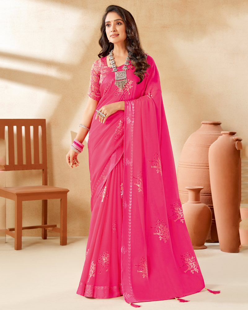 Vishal Prints Hot Pink Designer Chiffon Saree With Foil Print And Diamond Work