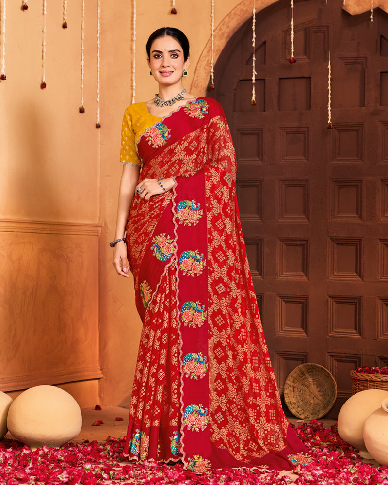 Vishal Prints Valentine Red Designer Brasso Saree With Embroidery-Diamond Work And Cut Work Border