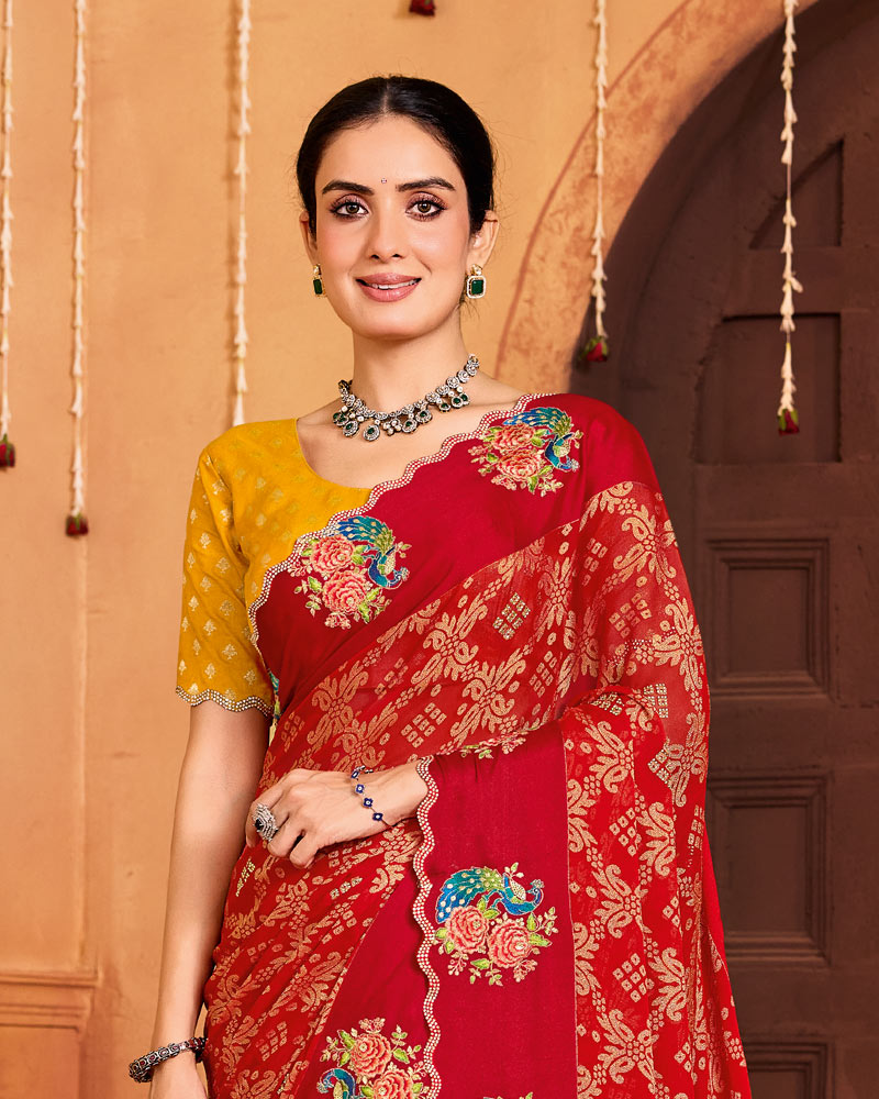 Vishal Prints Valentine Red Designer Brasso Saree With Embroidery-Diamond Work And Cut Work Border