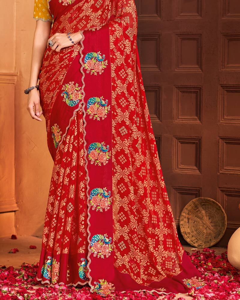 Vishal Prints Valentine Red Designer Brasso Saree With Embroidery-Diamond Work And Cut Work Border
