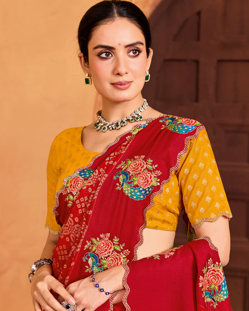 Vishal Prints Valentine Red Designer Brasso Saree With Embroidery-Diamond Work And Cut Work Border