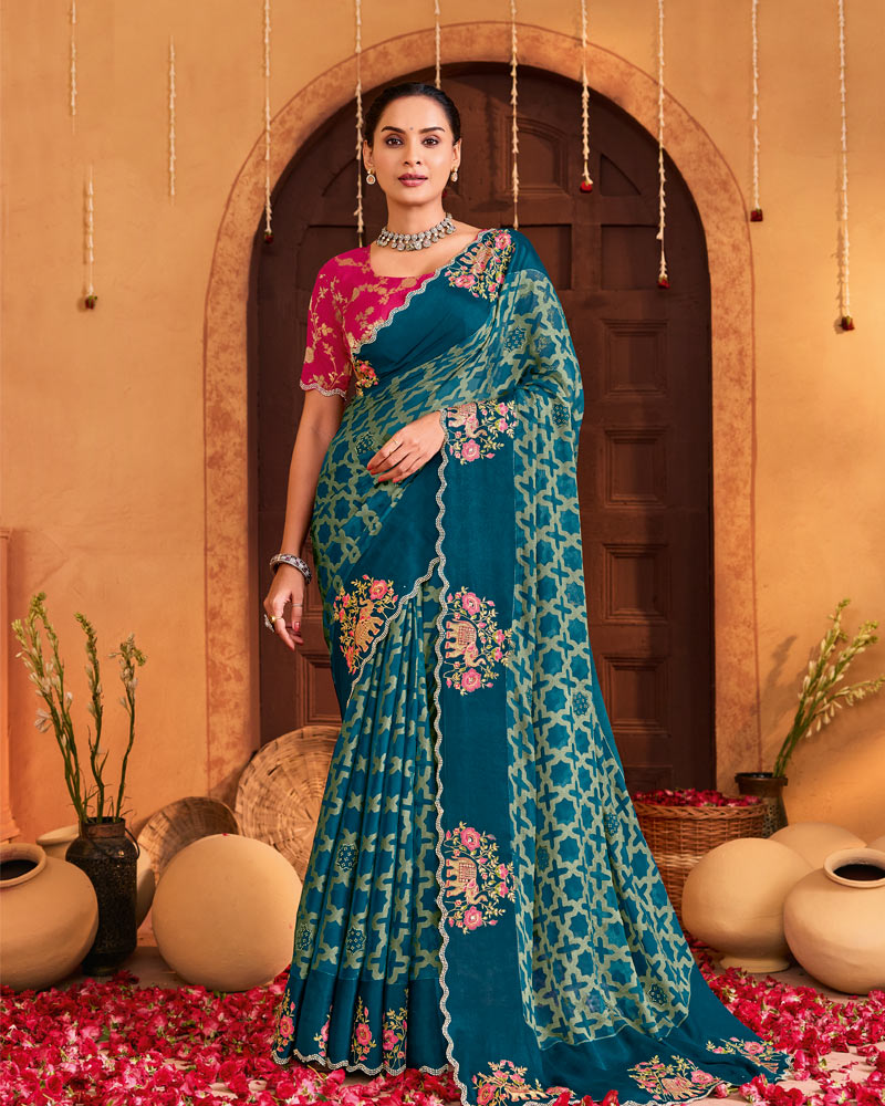 Vishal Prints Astronaut Blue Designer Brasso Saree With Embroidery-Diamond Work And Cut Work Border