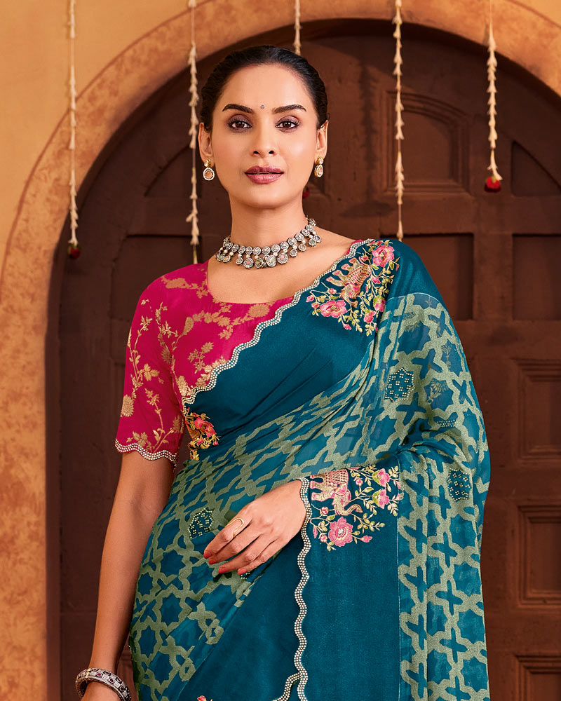 Vishal Prints Astronaut Blue Designer Brasso Saree With Embroidery-Diamond Work And Cut Work Border