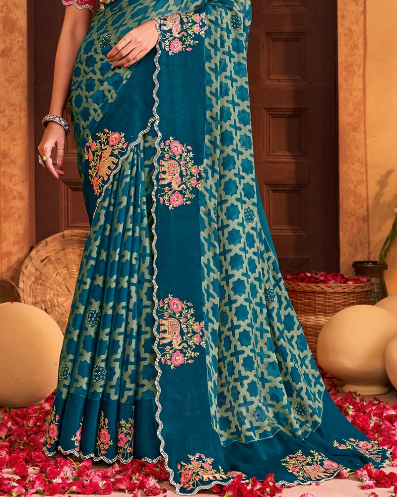 Vishal Prints Astronaut Blue Designer Brasso Saree With Embroidery-Diamond Work And Cut Work Border
