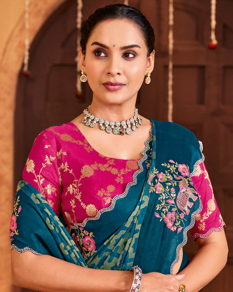 Vishal Prints Astronaut Blue Designer Brasso Saree With Embroidery-Diamond Work And Cut Work Border