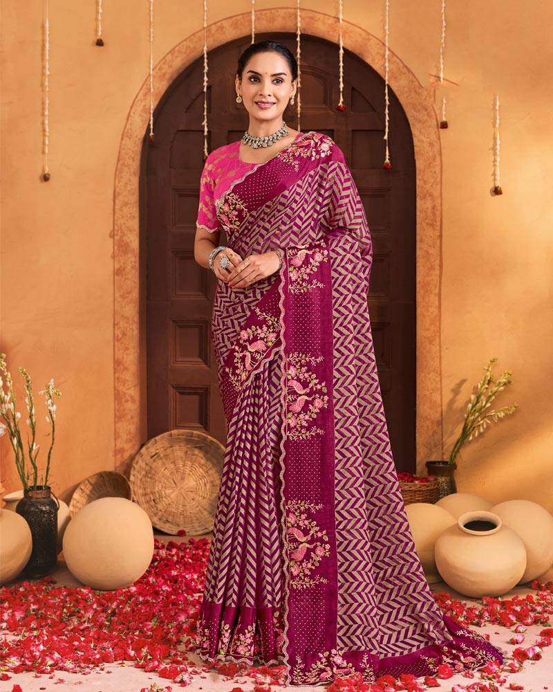 Vishal Prints Wine Berry Designer Brasso Saree With Embroidery-Diamond Work And Cut Work Border