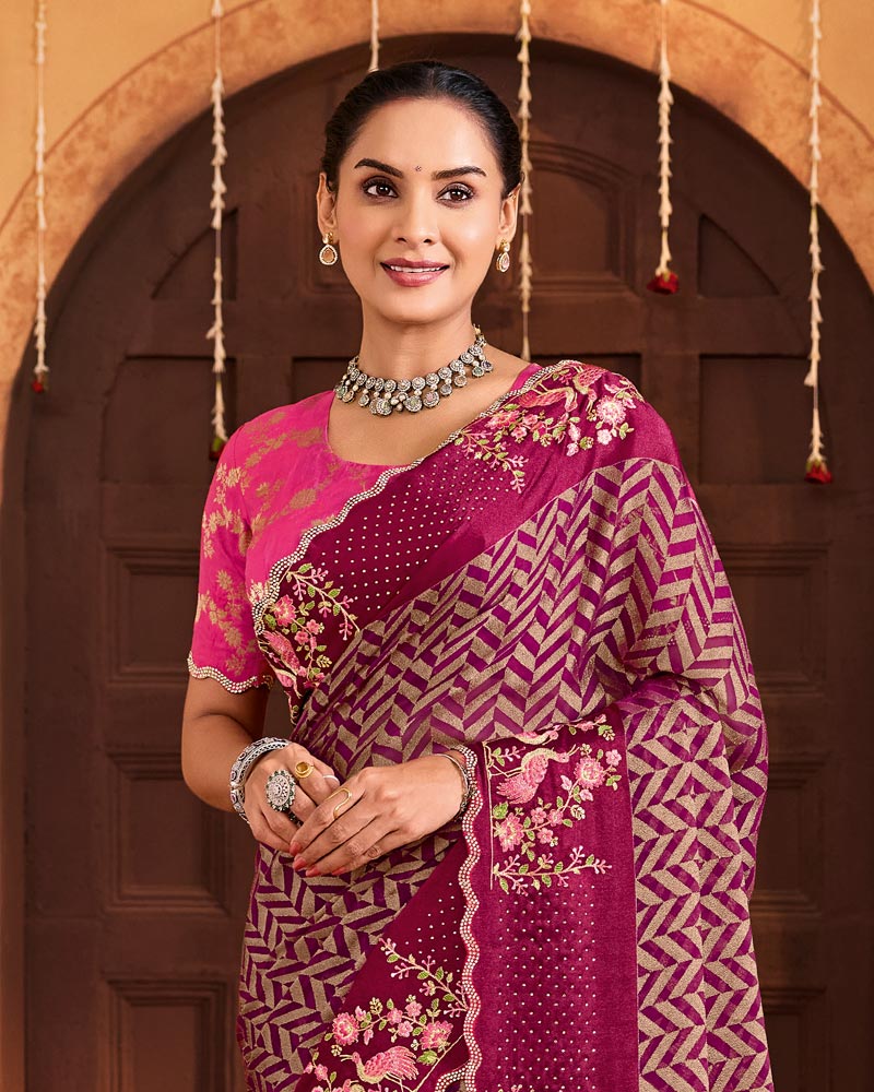 Vishal Prints Wine Berry Designer Brasso Saree With Embroidery-Diamond Work And Cut Work Border