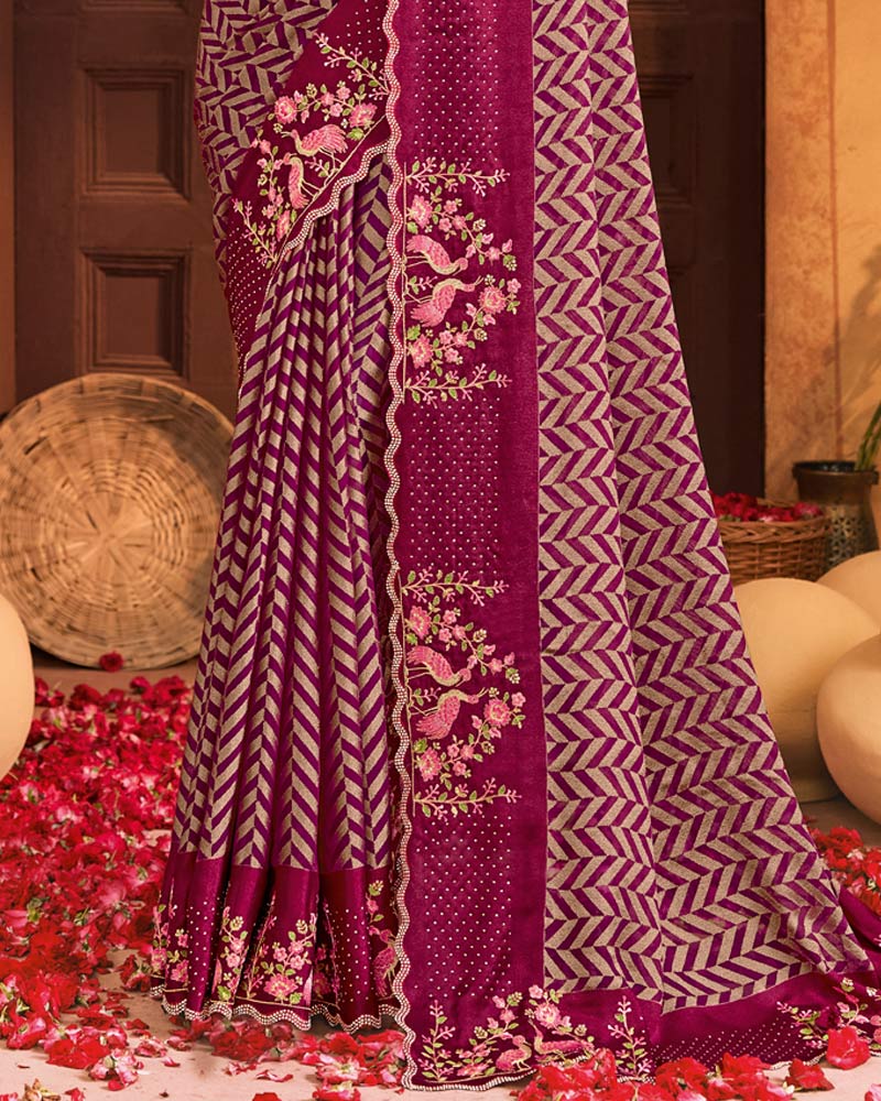 Vishal Prints Wine Berry Designer Brasso Saree With Embroidery-Diamond Work And Cut Work Border