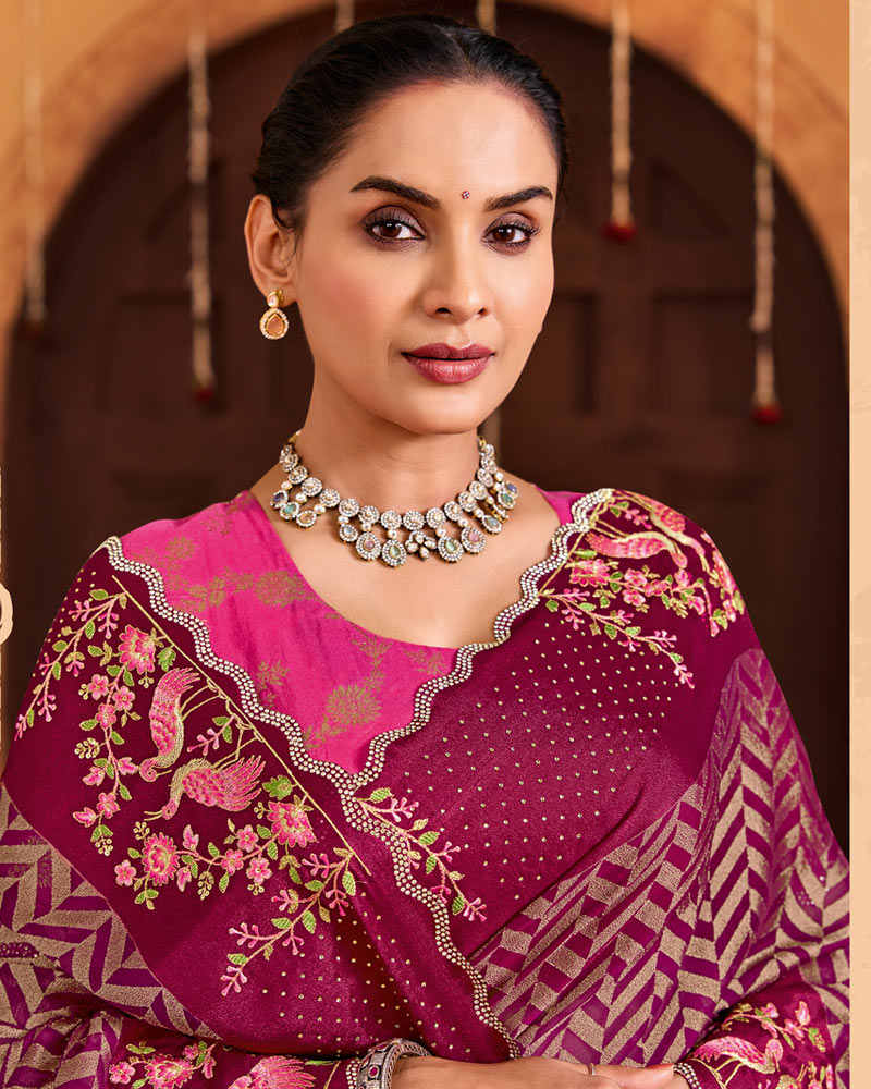 Vishal Prints Wine Berry Designer Brasso Saree With Embroidery-Diamond Work And Cut Work Border