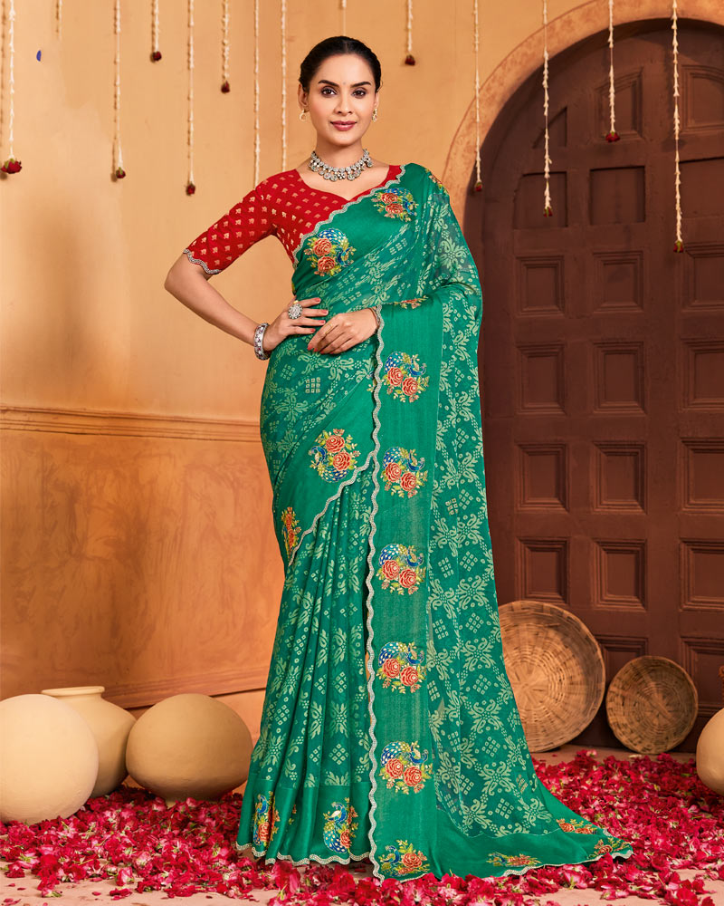 Vishal Prints Pine Green Designer Brasso Saree With Embroidery-Diamond Work And Cut Work Border