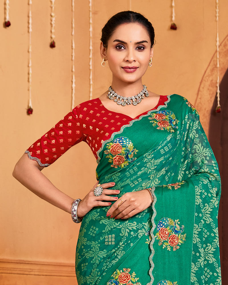 Vishal Prints Pine Green Designer Brasso Saree With Embroidery-Diamond Work And Cut Work Border