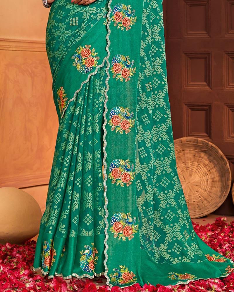 Vishal Prints Pine Green Designer Brasso Saree With Embroidery-Diamond Work And Cut Work Border