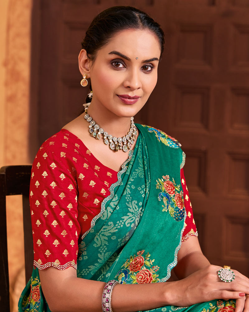 Vishal Prints Pine Green Designer Brasso Saree With Embroidery-Diamond Work And Cut Work Border