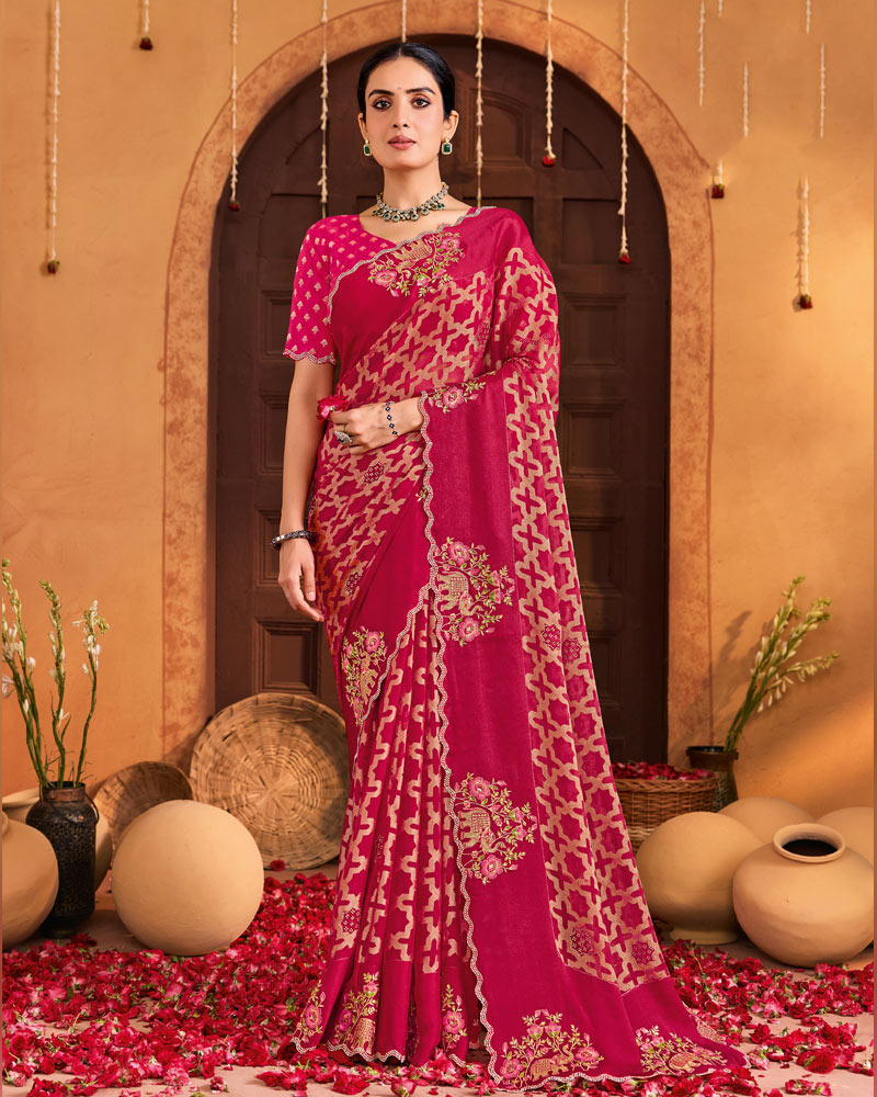 Vishal Prints Purple Red Designer Brasso Saree With Embroidery-Diamond Work And Cut Work Border