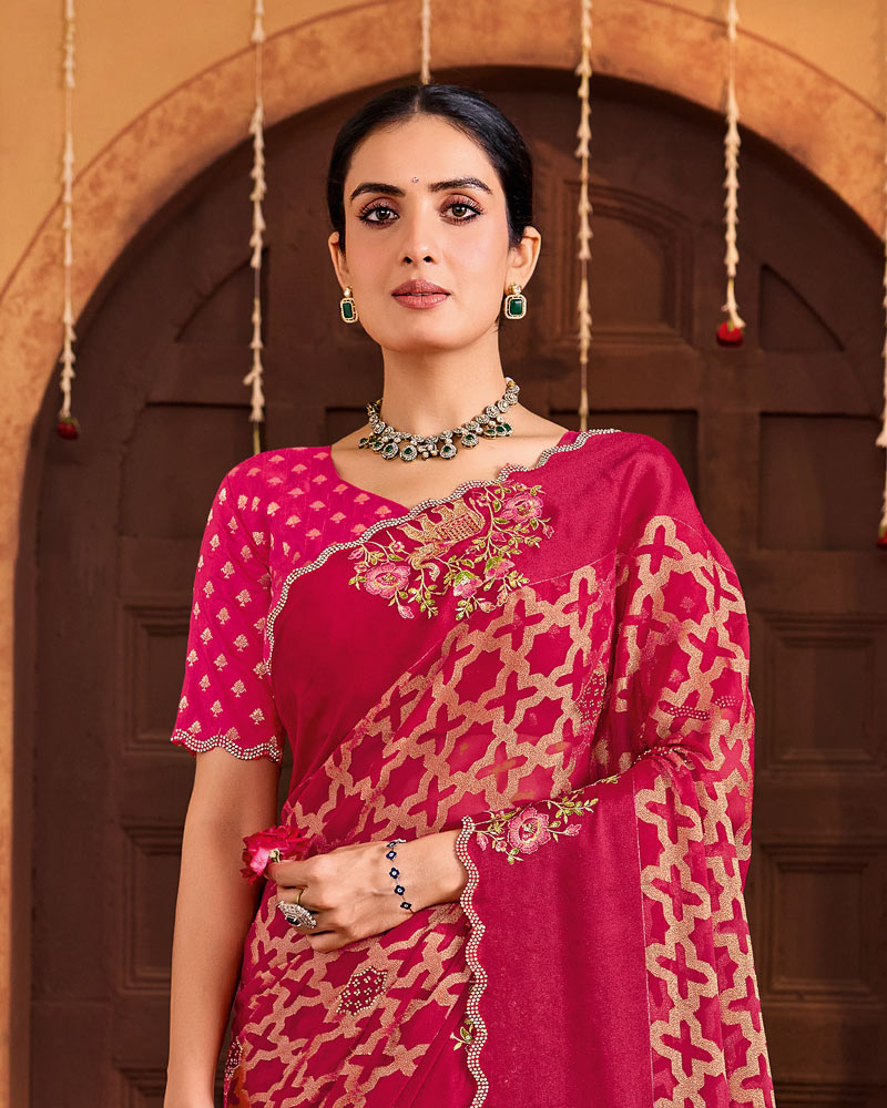 Vishal Prints Purple Red Designer Brasso Saree With Embroidery-Diamond Work And Cut Work Border