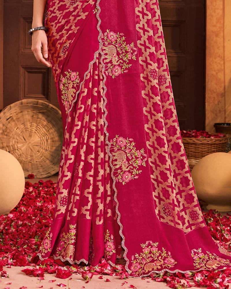 Vishal Prints Purple Red Designer Brasso Saree With Embroidery-Diamond Work And Cut Work Border