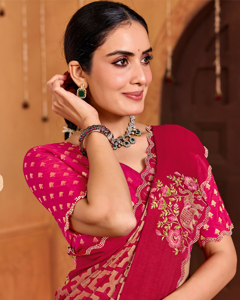 Vishal Prints Purple Red Designer Brasso Saree With Embroidery-Diamond Work And Cut Work Border