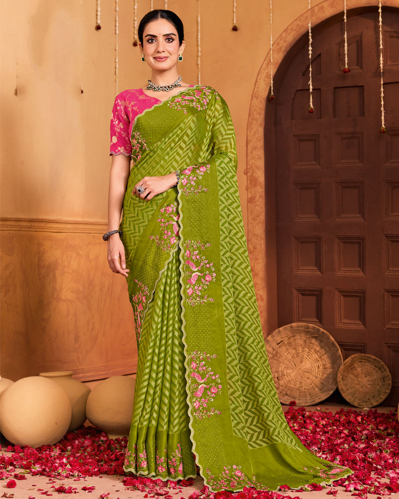 Vishal Prints Olive Green Designer Brasso Saree With Embroidery-Diamond Work And Cut Work Border