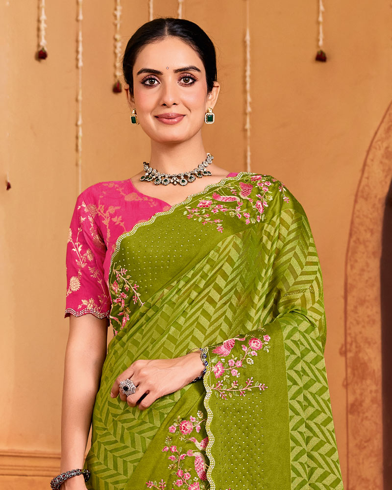 Vishal Prints Olive Green Designer Brasso Saree With Embroidery-Diamond Work And Cut Work Border