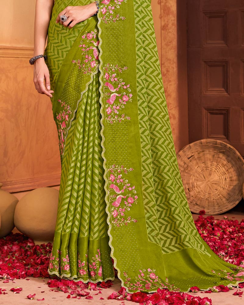 Vishal Prints Olive Green Designer Brasso Saree With Embroidery-Diamond Work And Cut Work Border