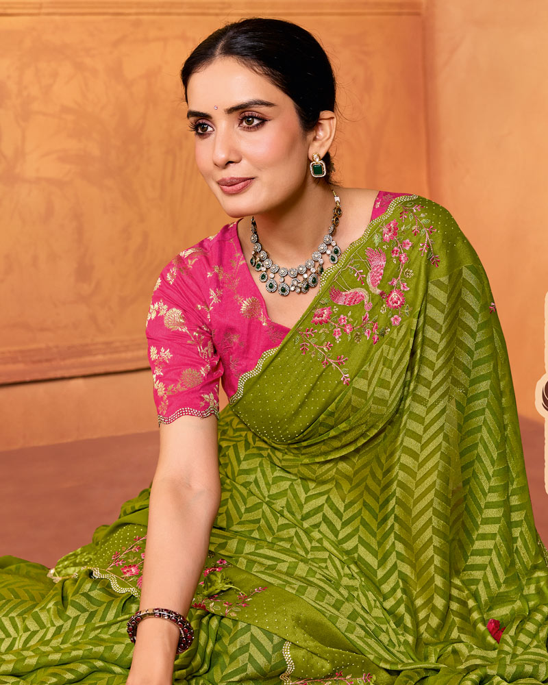 Vishal Prints Olive Green Designer Brasso Saree With Embroidery-Diamond Work And Cut Work Border